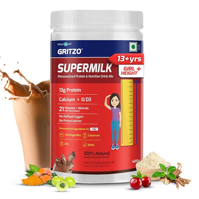 Gritzo SuperMilk Height+ (13+y Girls), 13g Protein Powder (Double Chocolate, 400g) | Zero Refined Sugar, 21 Vitamins & Minerals