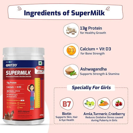 Gritzo SuperMilk Height+ (13+y Girls), 13g Protein Powder (Double Chocolate, 400g) | Zero Refined Sugar, 21 Vitamins & Minerals