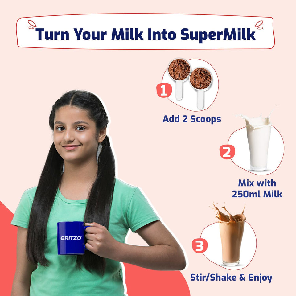 Gritzo SuperMilk Height+ (13+y Girls), 13g Protein Powder (Double Chocolate, 400g) | Zero Refined Sugar, 21 Vitamins & Minerals