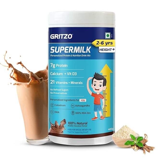 Gritzo SuperMilk Height+ (2-6y), 7g Protein Powder (Double Chocolate, 400g) | Zero Refined Sugar, 21 Vitamins & Minerals