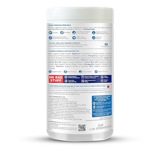 Gritzo SuperMilk Height+ (2-6y), 7g Protein Powder (Double Chocolate, 400g) | Zero Refined Sugar, 21 Vitamins & Minerals