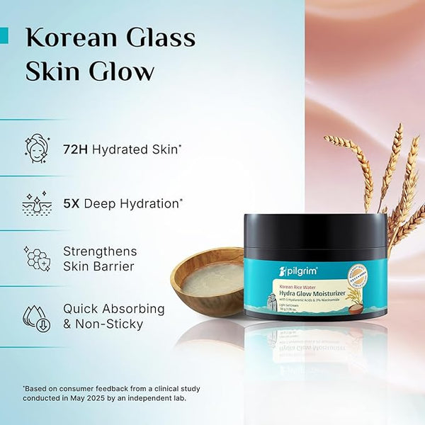 Pilgrim Korean Rice Water Hydra Glow Moisturizer 50Gm with 5 Hyaluronic Acids, 3% Niacinamide, 5 Ceramides | 5x Hydration & Instant Glass Skin | Oil-Free, Lightweight Gel | All SkinTypes | Women,Men