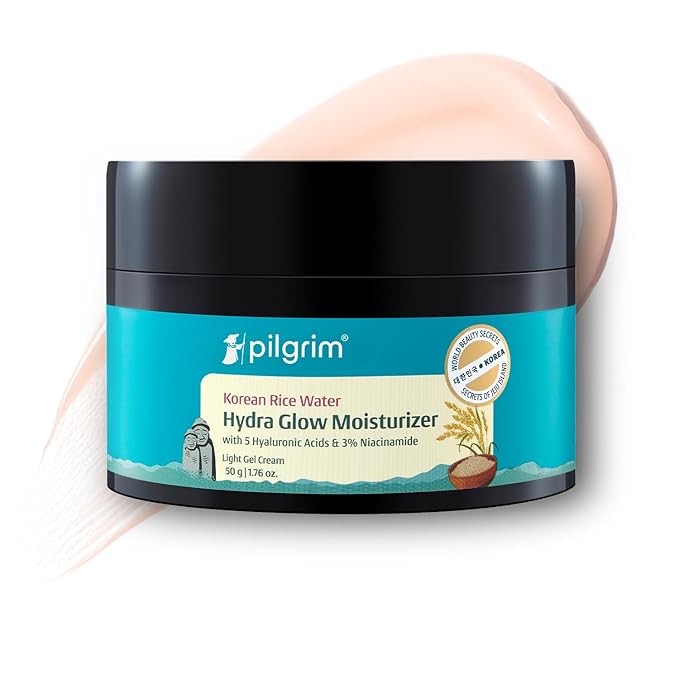 Pilgrim Korean Rice Water Hydra Glow Moisturizer 50Gm with 5 Hyaluronic Acids, 3% Niacinamide, 5 Ceramides | 5x Hydration & Instant Glass Skin | Oil-Free, Lightweight Gel | All SkinTypes | Women,Men