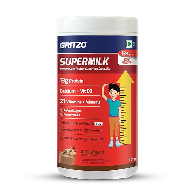 Gritzo Supermilk Height+ For 13+ Yrs Boys Personalized Protein & Nutrition Drink Mix (400g, Cafe Mocha)