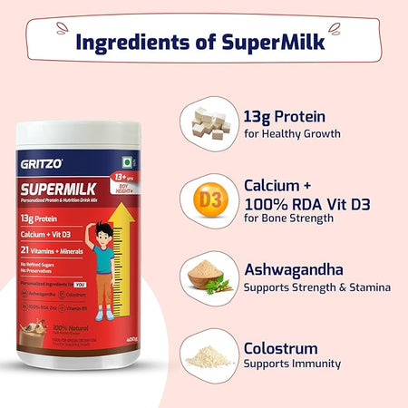 Gritzo Supermilk Height+ For 13+ Yrs Boys Personalized Protein & Nutrition Drink Mix (400g, Cafe Mocha)