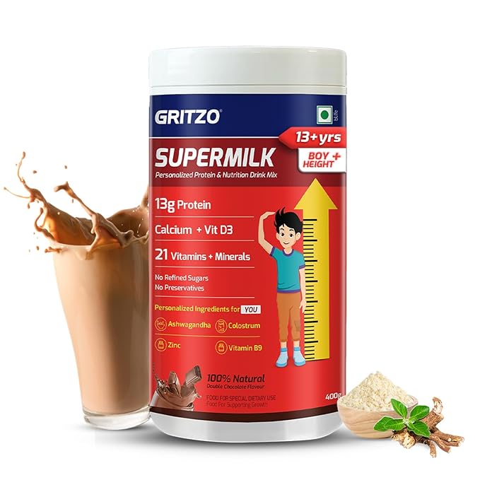 Gritzo SuperMilk Height+ (13+y Boys), 13g Protein Powder (Double Chocolate, 400g) | Zero Refined Sugar, 21 Vitamins & Minerals