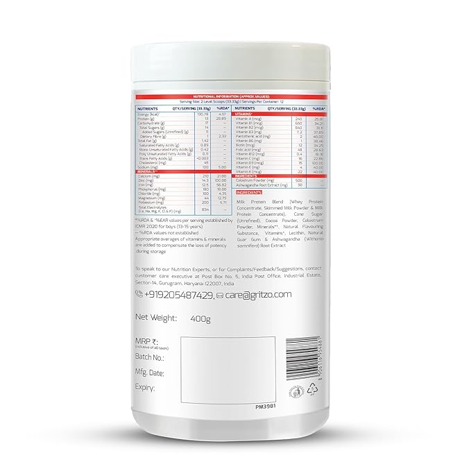 Gritzo SuperMilk Height+ (13+y Boys), 13g Protein Powder (Double Chocolate, 400g) | Zero Refined Sugar, 21 Vitamins & Minerals