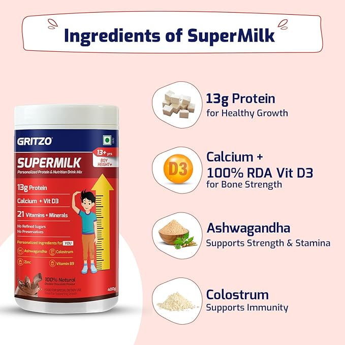 Gritzo SuperMilk Height+ (13+y Boys), 13g Protein Powder (Double Chocolate, 400g) | Zero Refined Sugar, 21 Vitamins & Minerals