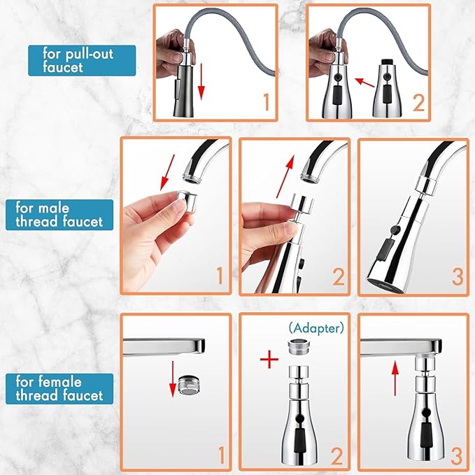Universal Kitchen Faucet 3-Function Pull Down Sink Sprayer Attachment